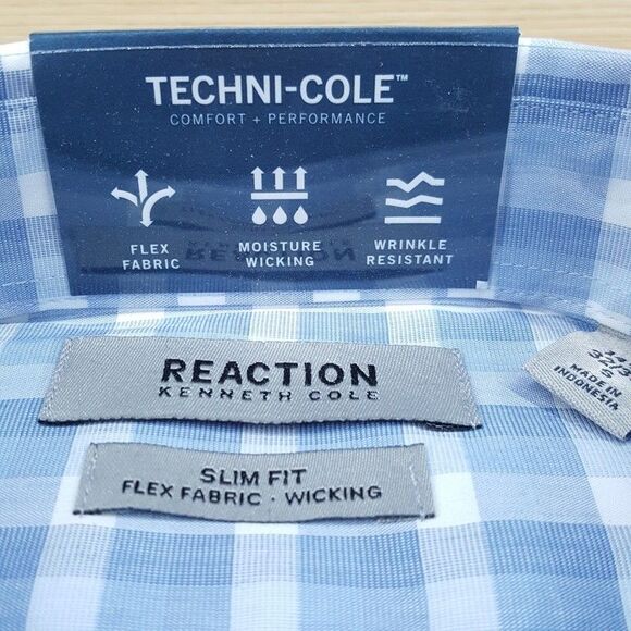 KENNETH COLE REACTION Shirt Mens Size 14.5 32 33 Blue Check Slim Fit Flex Fabric - Picture 3 of 4